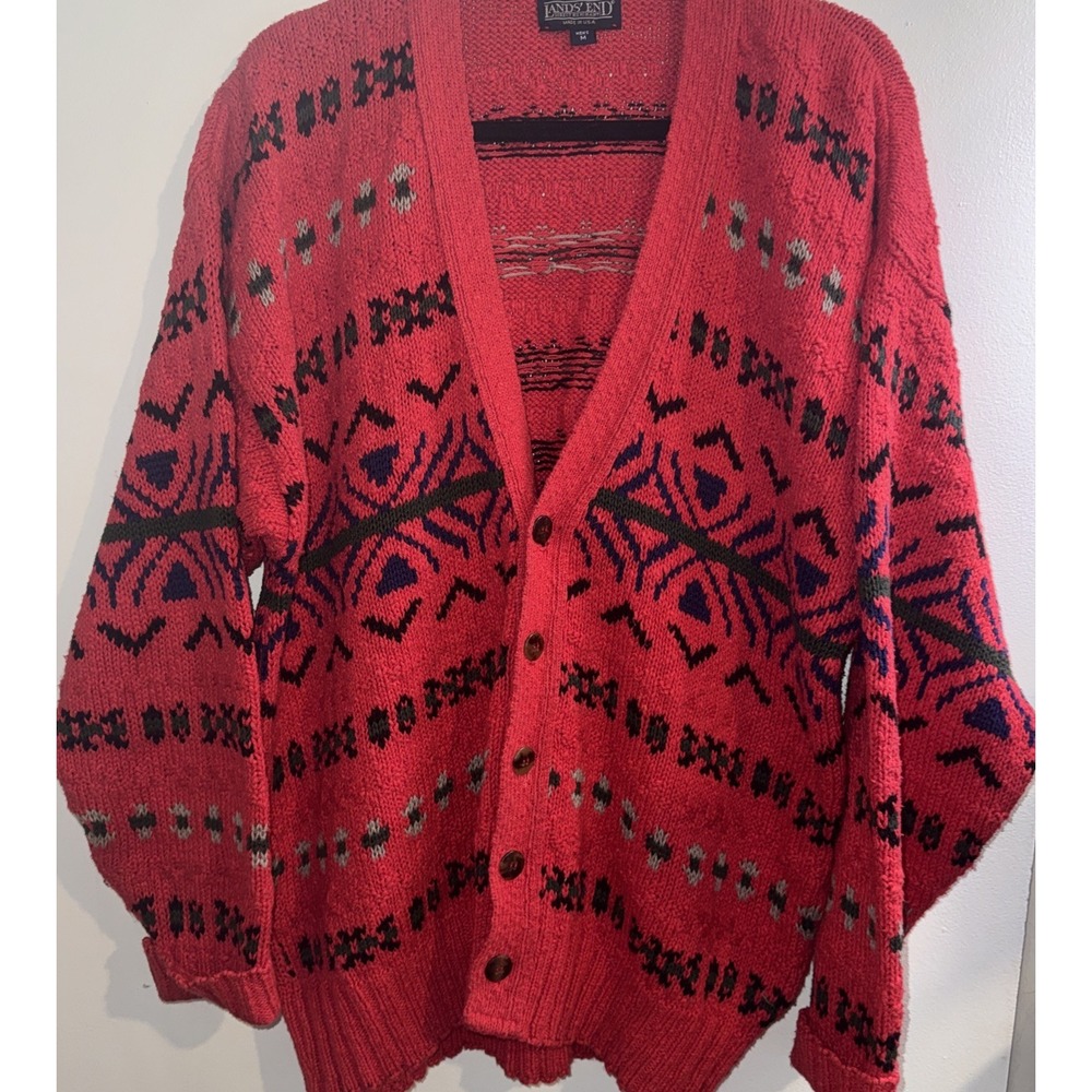 Vtg 90s Lands End Men Sz M Red Aztec Print Button Up V Neck Cardigan USA  Retro